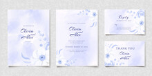 Set Of Watercolor Blue Floral Wedding Invitation Card, Save The Date, Thank You, Rsvp Template. Vector Blue Design Invite