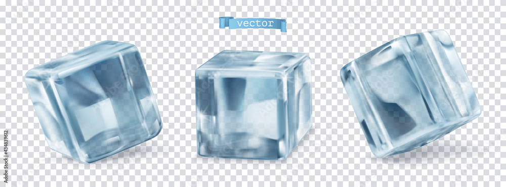 Ice cube with transparent. 3d vector realistic set of objects - obrazy, fototapety, plakaty 