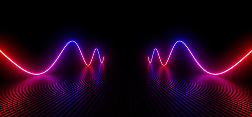Wall Mural - sci fy neon lamps in a dark hall. reflections on the floor and walls. 3d rendering image.