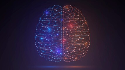 Glowing mesh brain with blue and red hemispheres