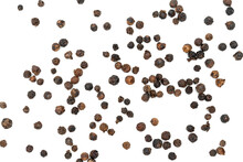 Black pepper pile or Black peppercorns seeds isolated on white background.