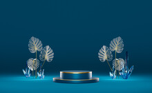 Podium Empty With Quartz Stone Crystals And Glass Monstera Leaf In Blue Composition For Modern Stage Display And Minimalist Mockup ,abstract Showcase Background ,Concept 3d Illustration Or 3d Render