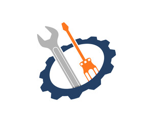 Wrench and screwdriver in the gear logo