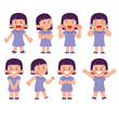 Set of girl kid child characters face expression emotion happy stress sad frustration.