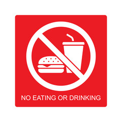 No eating or drinking sign with text, Prohibition symbol sticker for public places, Isolated on white background, Flat design vector illustration