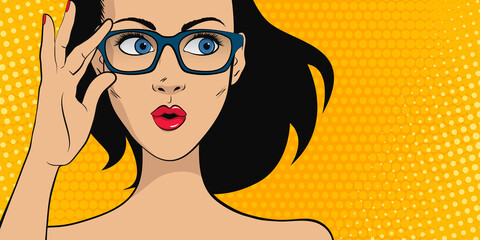 Surprised young Pop Art woman in glasses with open mouth in comic style. Advertising poster