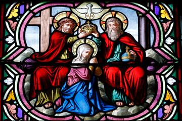 Sticker - saint alban church. stained glass window. the coronation of the virgin in heaven.êjesus, god and hol