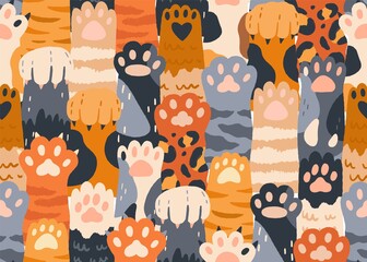 Poster - Seamless pattern with cute cat paws raised up together. Repeating background with kitties' hands. Feline animals crowd. Colored flat vector illustration of endless texture for printing and decoration