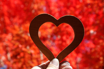 Wall Mural - Wooden heart sculpture against maple tree  with red-coloured autumn leaves.