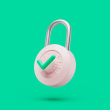 Padlock Locked Icon With Green Check Simbol Simple 3d Render Illustration On Green Background