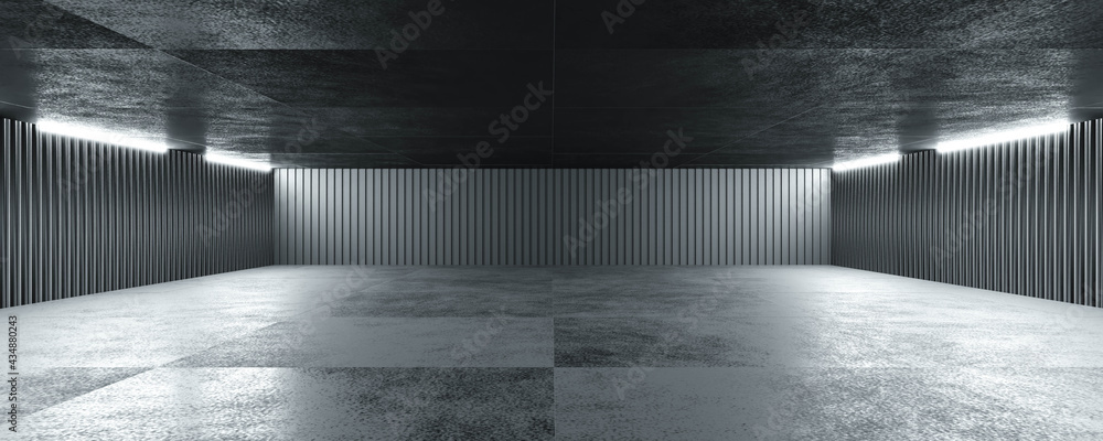 industrial hall with conrete surface and metal plates walls 3d render illustration - obrazy, fototapety, plakaty 