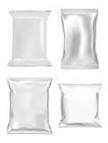 Fototapeta Sport - Snack bag mockup. Foil sachet, zipper pouch sample. Cosmetic pilow wrap, 3d vector packet, silver foil template. Supermarket product bag, candy, salt, paper, seasoning