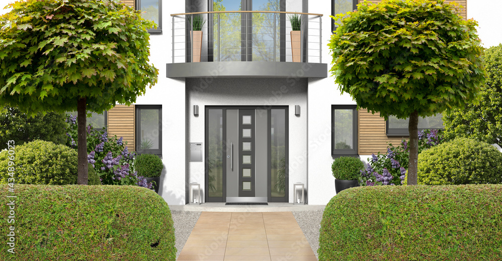 Modernes weißes Einfamilienhaus mit Haustür mit Seitenteilen, Balkon und Vorgarten - 3D rendering CGI - obrazy, fototapety, plakaty 