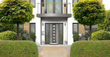 Modernes Weißes Einfamilienhaus Mit Haustür Mit Seitenteilen, Balkon Und Vorgarten - 3D Rendering CGI