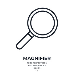 Wall Mural - Magnifier editable stroke outline icon isolated on white background flat vector illustration. Pixel perfect. 64 x 64.