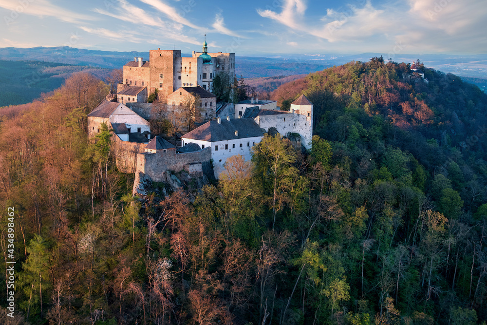 Buchlov Castle. Aerial view on monumental castle in Romanesque Gothic ...