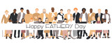 Fototapeta Koty - Happy Father's Day card. Multicultural group of fathers with kids. Flat vector illustration.