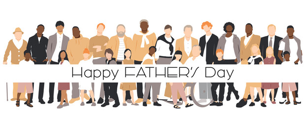 Happy Father's Day card. Multicultural group of fathers with kids. Flat vector illustration.