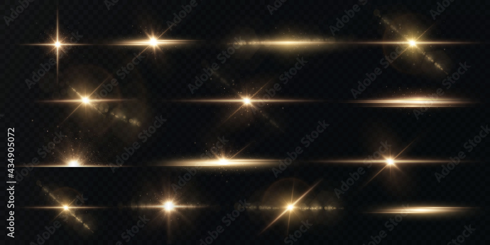 Light rays of light horizontal golden color with glare and flashes isolated on a transparent background. Festive set light laser abstract. Celebratory Gold-colored light star with glare. - obrazy, fototapety, plakaty 