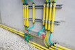 Electrical high voltage ground copper bar on wall. Grounding electric bar. Cables connected to electrical grounding bar, Ground industry for control system.