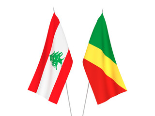 National fabric flags of Lebanon and Republic of the Congo isolated on white background. 3d rendering illustration.