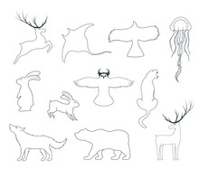 Hand Drawn Vector Isolated Illustration Of Animals Outlines. Icons Of Hare, Deer, Wolf, Bear, Owl, Whale, Stingray, Jellyfish, Panther, Eagle.