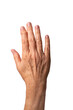 Hand of elderly Caucasian woman with Heberden's arthritis at the index finger on white background. Deformity of finger due to bony swellings in distal interphalangeal joint. Sign of osteoarthritis.