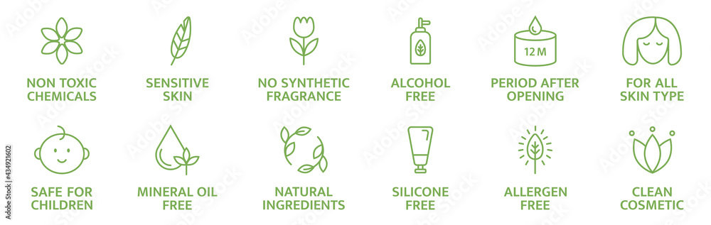 Organic and natural cosmetic line icons. Skincare symbol. Allergen free badges. Beauty product. Gluten and paraben free cosmetic. Non toxic logo. Eco, vegan label. Sensitive skin. Vector illustration - obrazy, fototapety, plakaty 