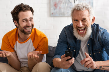 Wall Mural - Happy mature man and son watching tv together