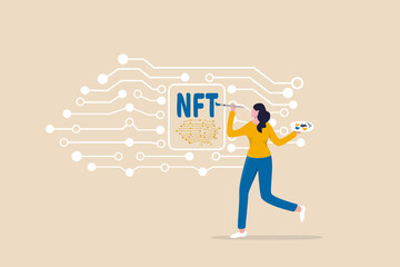 NFT non-fungible token, selling crypto art or painting as unique digital asset with cryptocurrency payment in online bidding website, artist woman painting beautiful digital canvas with the word NFT.