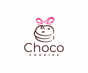 Chocolate chip cookies with ribbon logo design. Bakery and desserts vector design. Pastry shop logotype