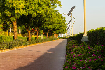 Wall Mural - Dubai, UAE - 05.21.2021 - Jogging track in Nad Al Hamar park, early in the morning. Lamp post powered by solar panels can be seen in the picture. Outdoors