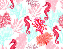 Beautiful Seamless Vector Tropical Pattern With Corals, Sea Horse. Abstract Geometric Texture. Perfect For Wallpapers, Web Page Backgrounds, Surface Textures, Textile.
