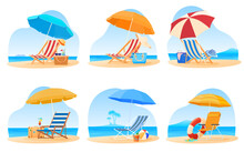 Travel And Vacation Concept. Set Of Beach Umbrella And Chair. Relaxing On The Beach. Vector Illustration