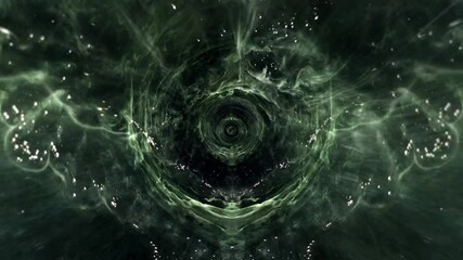 Wall Mural - abstract flight into dark green hyperspace tunnel animation. 4k 3d fly in worm hole loop sci-fi trav