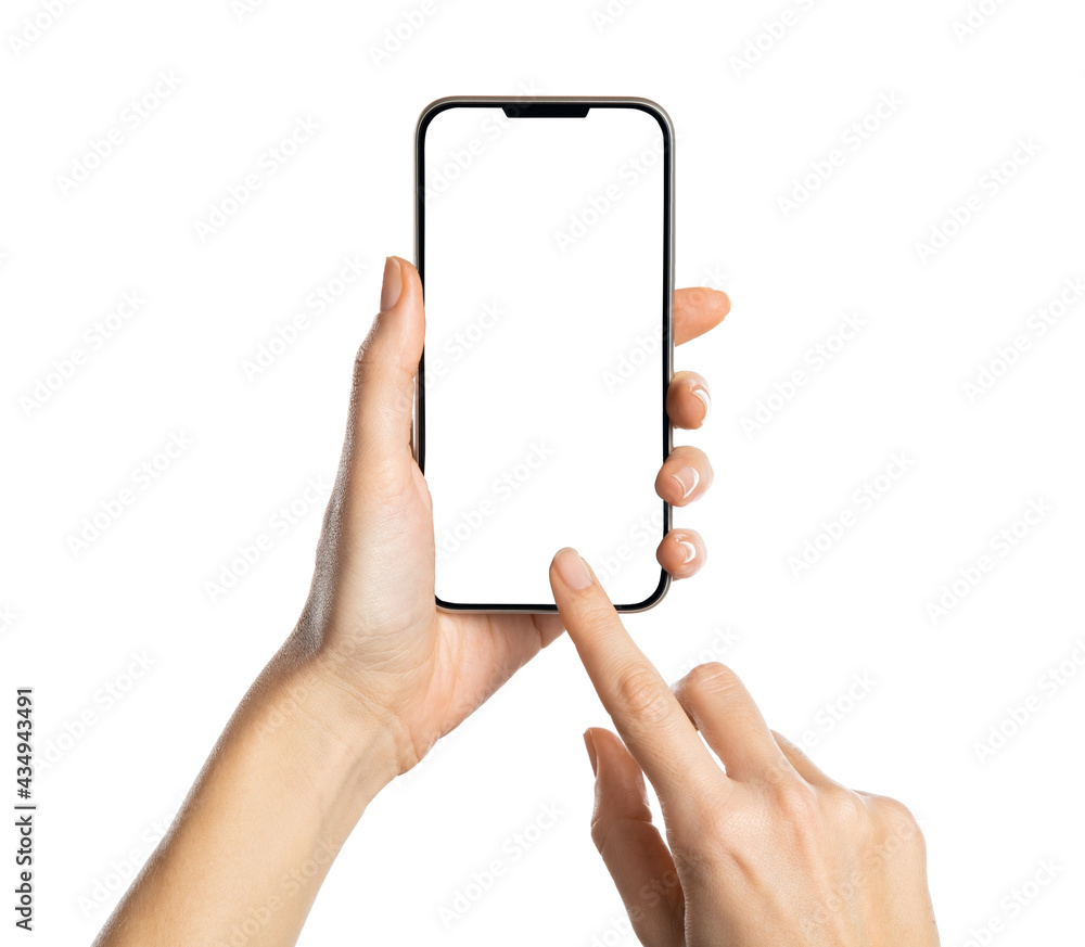 Woman hand using smartphone isolated on white background - obrazy, fototapety, plakaty 