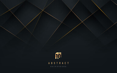 Abstract luxury geometric overlay black and gold background with copy space. Golden light line decoration. Dark elegant banner design. Vector illustration