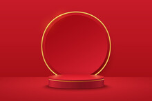 Modern Red And Gold Cylinder Pedestal Podium. Red Color Minimal Wall Scene, Shiny Golden Circle Backdrop. Vector Rendering 3d Shape, Product Display Presentation. Geometric Platform. Abstract Room.