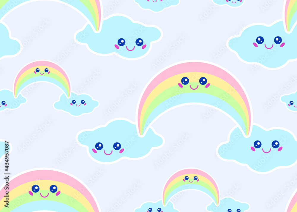 Kawaii rainbow smile face emoji blue cloud vector kids seamless pattern ...