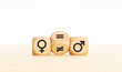© Formatoriginal - Gender equality concept. Wooden block turning a unequal sign to a equal sign between symbols of men and women. Copy space