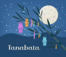Tanabata Japanese Traditional Festival Background Banner. Bamboo Decorated With Paper Lanterns. Vector Illustration
