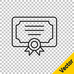 Sticker - Black line Certificate template icon isolated on transparent background. Achievement, award, degree, grant, diploma concepts. Vector