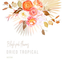 Trendy Dried Palm Leaves, Blush Pink Rose, Orange Ranunculus, White Hydrangea