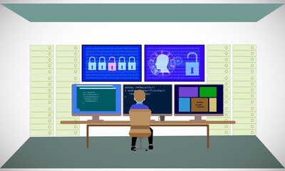 concept of penetration testing, vector illustration of a developer practicing ethical hacking a web 