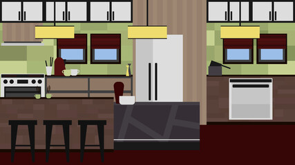 Fashionable modern kitchen in Asian style. Interior design concept for luxury apartment. Background for game, banner, poster, flyer, desktop. Detailed flat illustration for furniture salon advertising