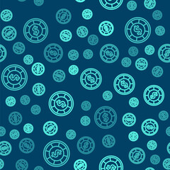 Green line Casino chips icon isolated seamless pattern on blue background. Casino gambling. Vector