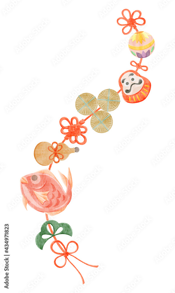 和風縁起物の吊るし雛の手描き水彩風イラスト の Stock ベクター