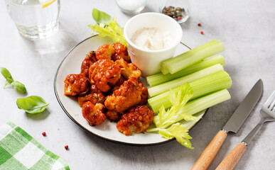 Wall Mural - Buffalo style barbecue cauliflower  with fresh celery sticks  and sauce . Light gray stone background.