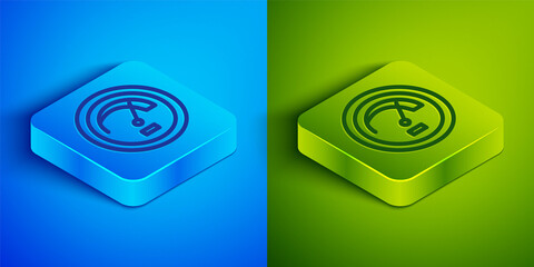 Poster - Isometric line Speedometer icon isolated on blue and green background. Square button. Vector