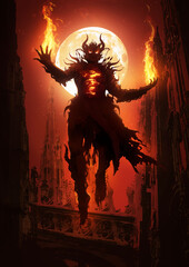 a sinister demon looms majestically in the air in the midst of gothic cathedrals, its chest bursting